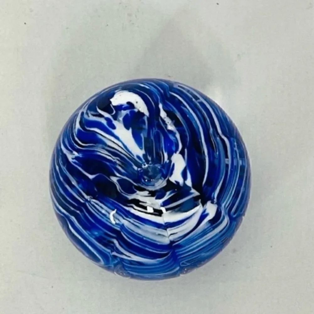 Vintage Artist Signed Glass Paperweight CAW 89 Blue White Swirl Bubbles 3”